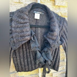 Black Cardigan with Ruffled Collar and Ribbed Knit